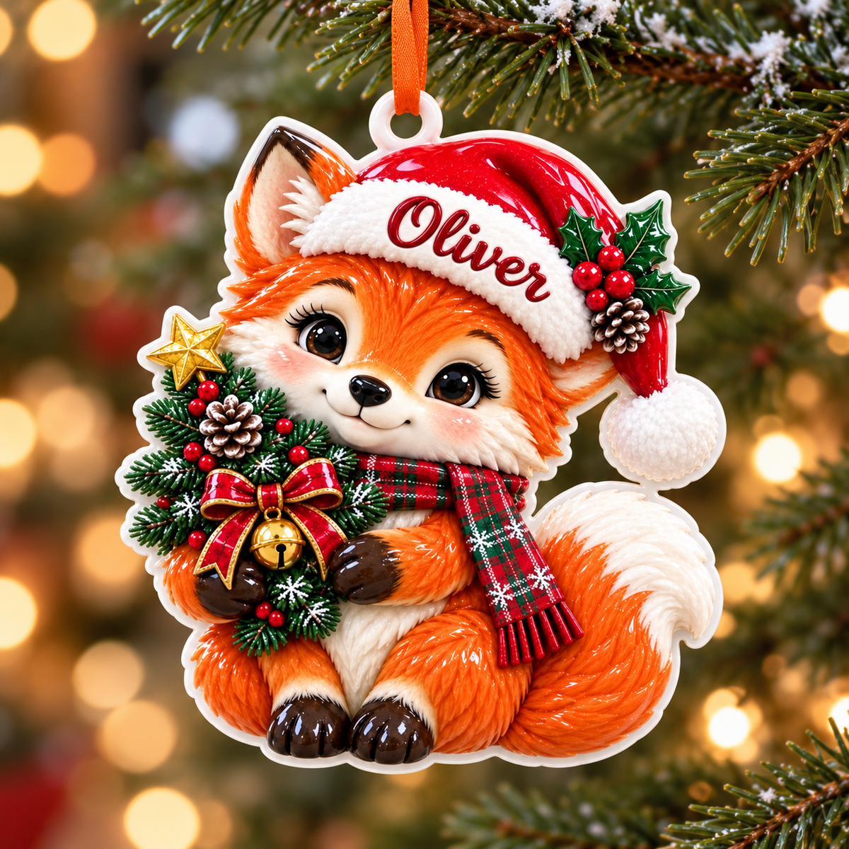 Christmas Woodland Fox with Santa Hat and Pine Tree Hanging Keepsake - 3D Relief Ornament