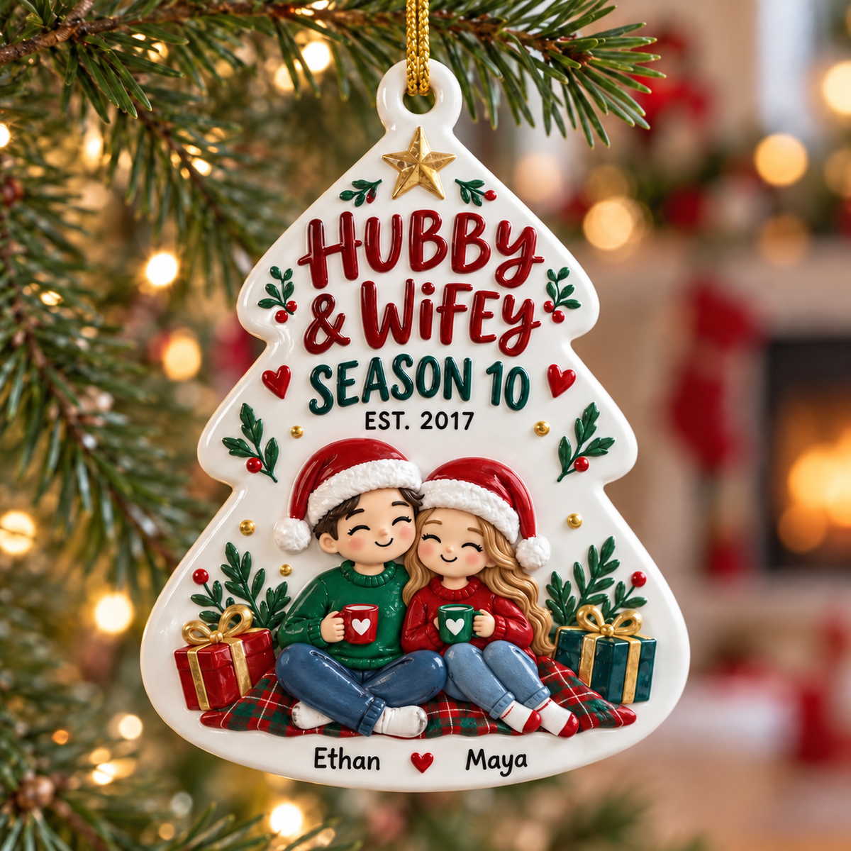 White Hubby and Wifey Christmas Tree Shaped Couple Holiday Keepsake - 3D Relief Ornament