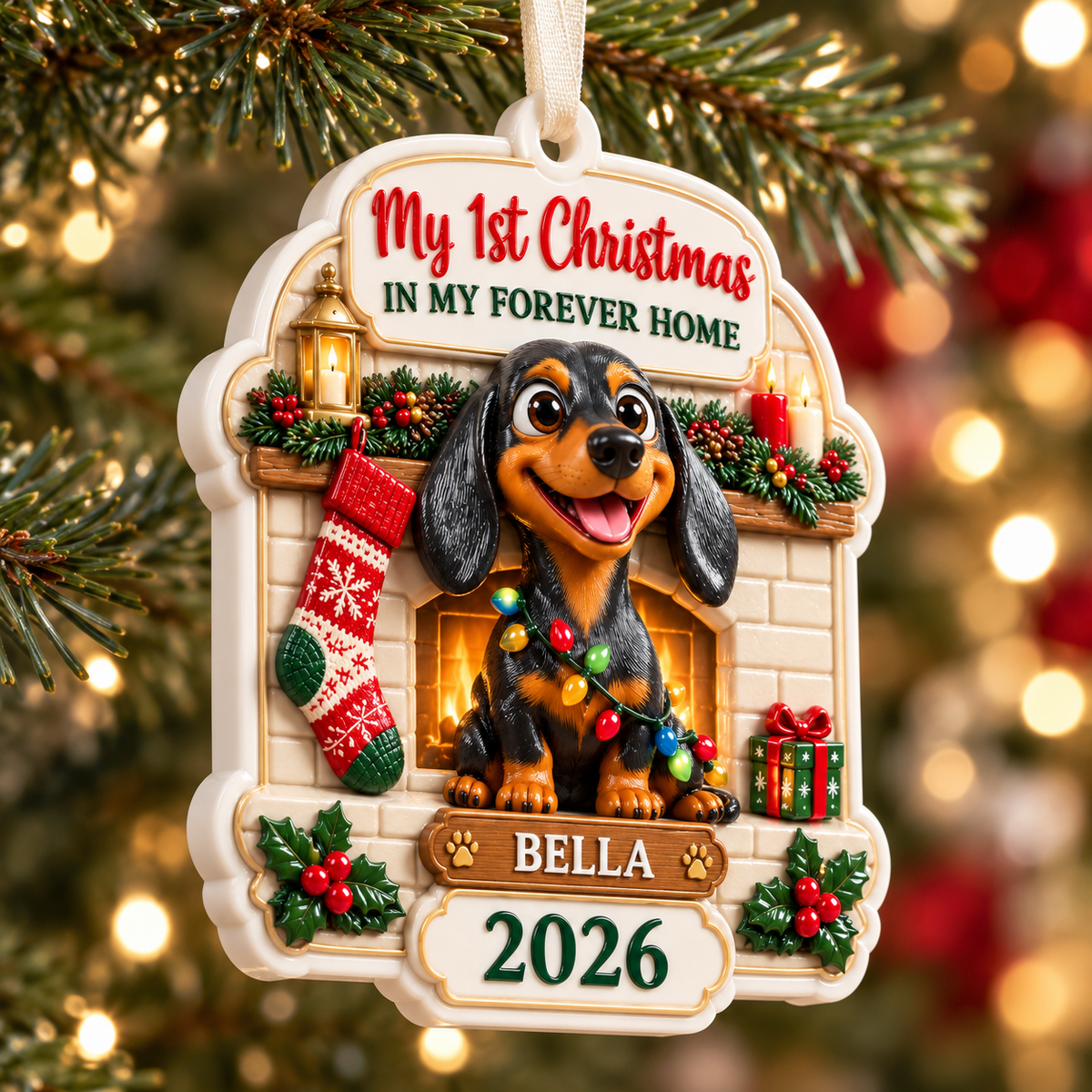 Dachshund Puppy by Fireplace First Christmas Dog Tag Keepsake - 3D Relief Ornament