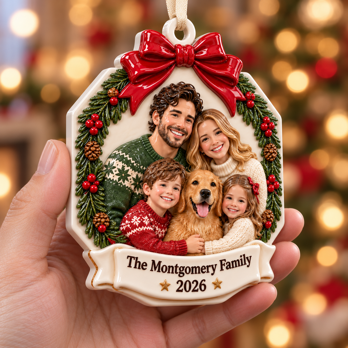 Family Portrait with Dog Wreath and Red Bow Ceramic Keepsake - 3D Relief Ornament