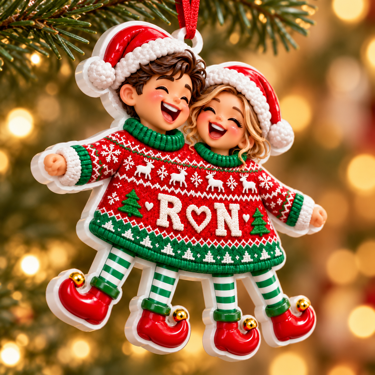 Couple in Red Two-Person Christmas Sweater Holiday Hanging Keepsake - 3D Relief Ornament