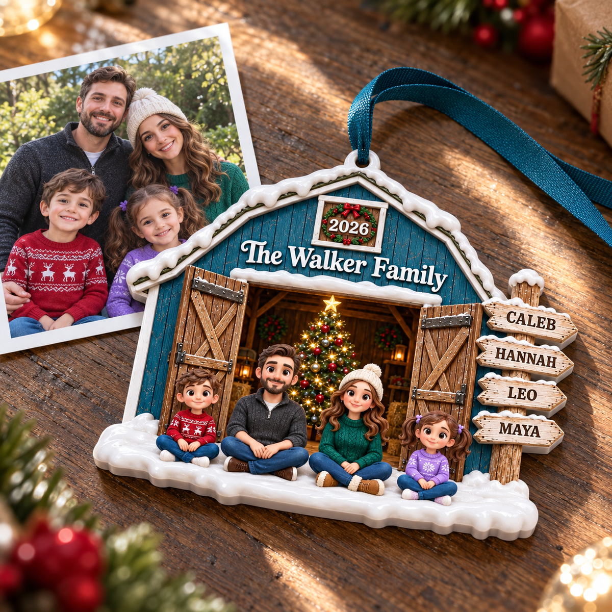 Rustic Farmhouse Blue Barn Family Christmas Tree Hanging Decoration - 3D Relief Ornament