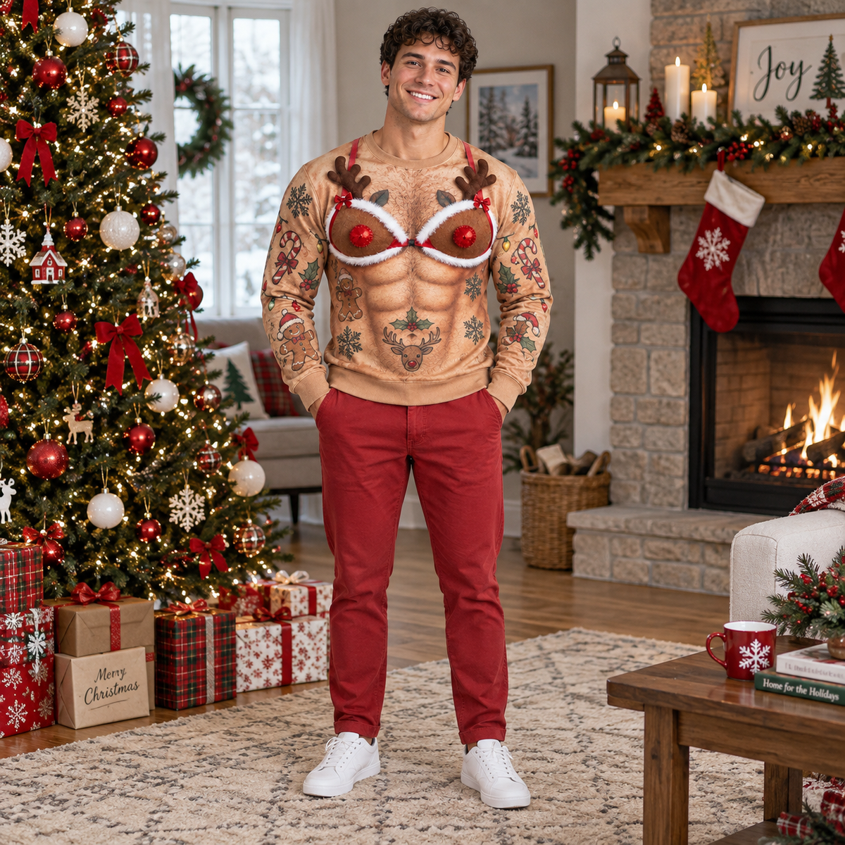 Hairy Chest Christmas Sweatshirt Fake Abs Novelty Holiday Pullover