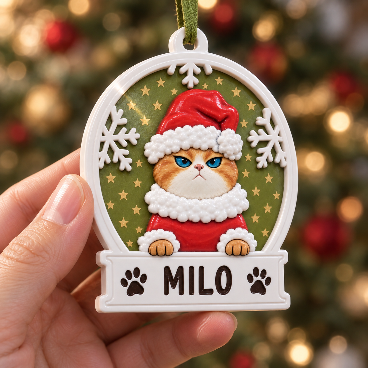 Scowling Orange Cat in Santa Hat Snow Globe Plaque Christmas Tree Hanging - 3D Relief Ornament