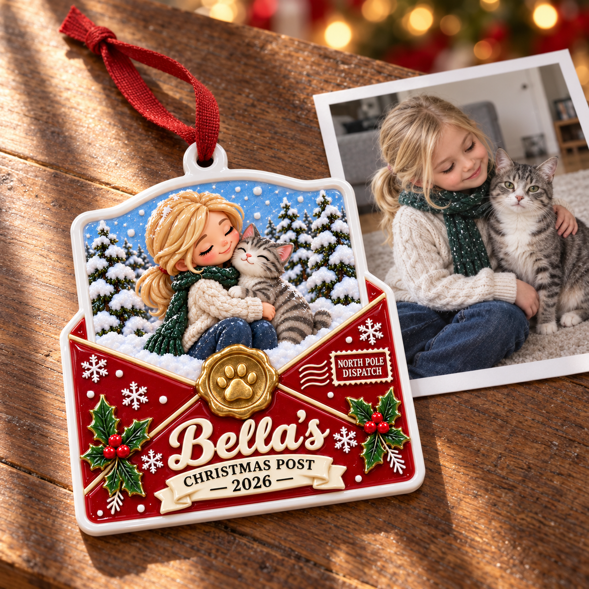 Christmas Red Envelope Winter Forest Scene with Pet Paw Wax Seal - 3D Relief Ornament
