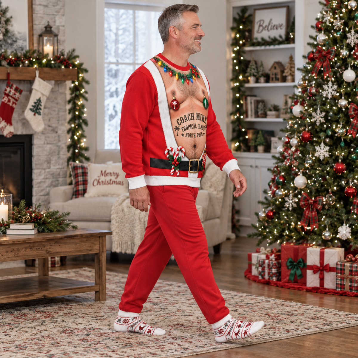Funny Christmas Sweatshirt Hairy Chest Graphic Long Sleeve Crewneck