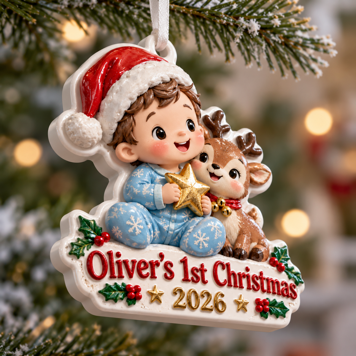 Baby Boy First Christmas Keepsake with Reindeer and Santa Hat - 3D Relief Ornament