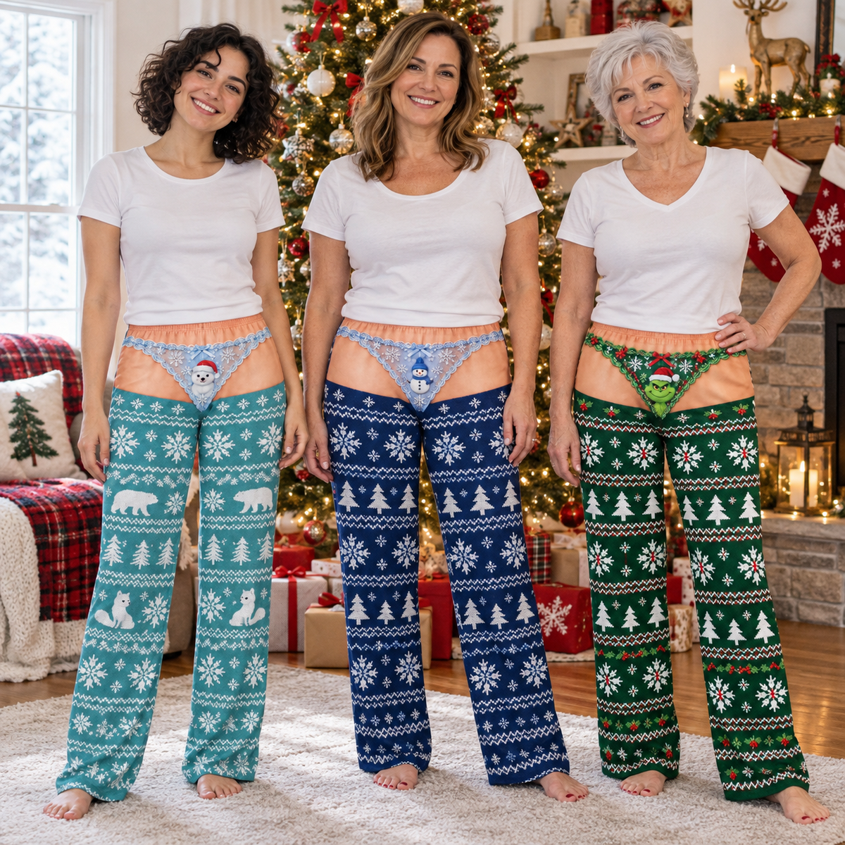 Novelty Christmas Pajama Pants with Faux Low Rise Print