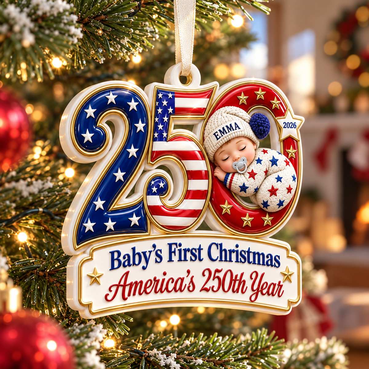 Baby's First Christmas America 250th Year 2026 Patriotic Holiday Keepsake - 3D Relief Ornament