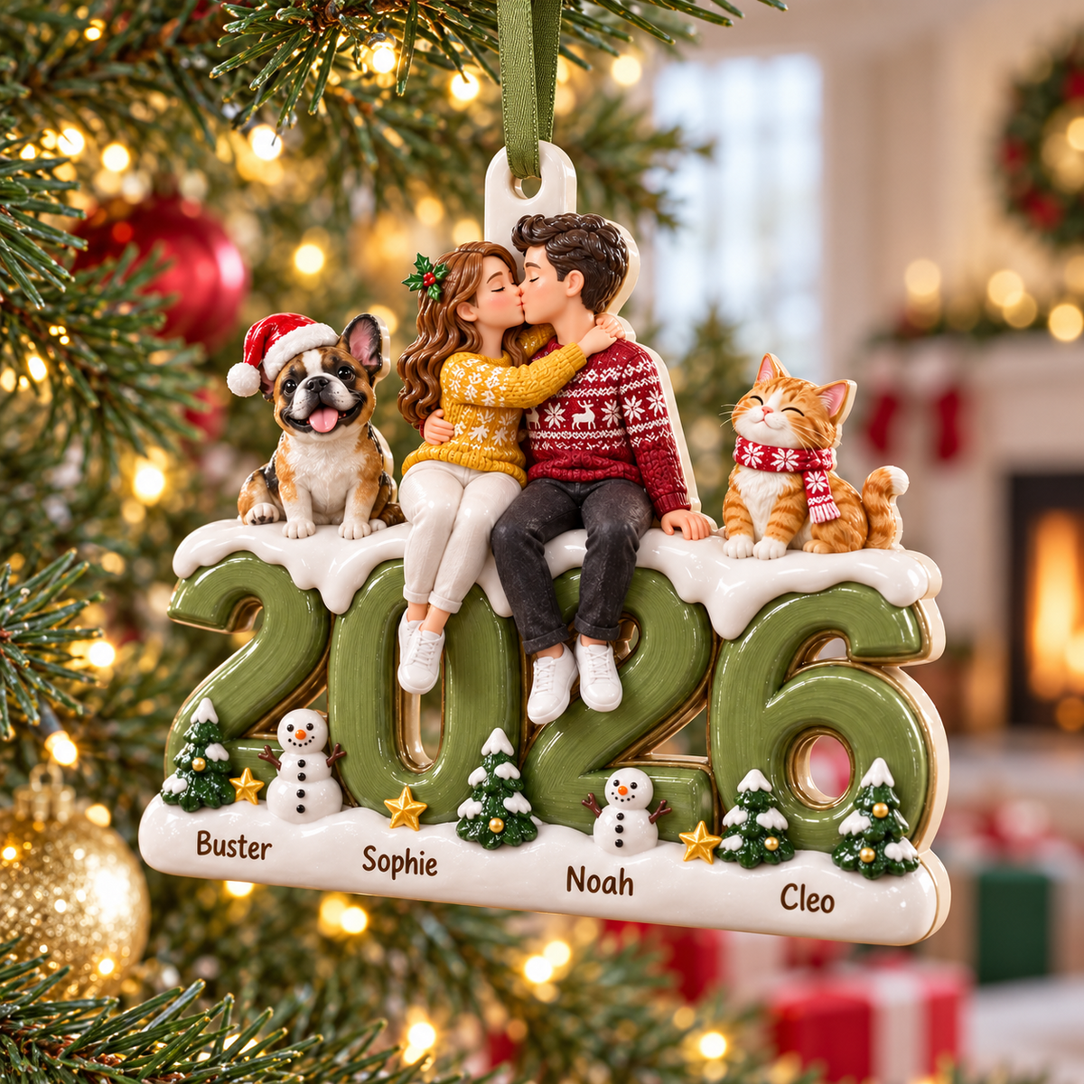 Couple with Dog and Cat on 2026 Date Resin Holiday Tree Decor - 3D Relief Ornament