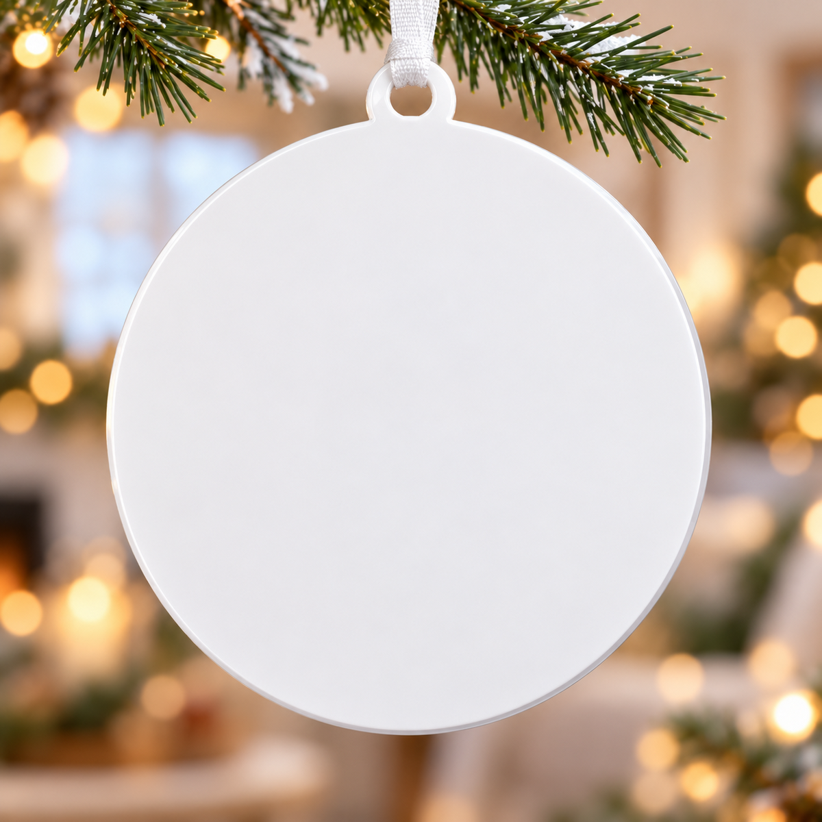 Snowman Family Winter Snowflakes Christmas Tree Hanging Decor, Round Pine Forest Scene - 3D Relief Ornament