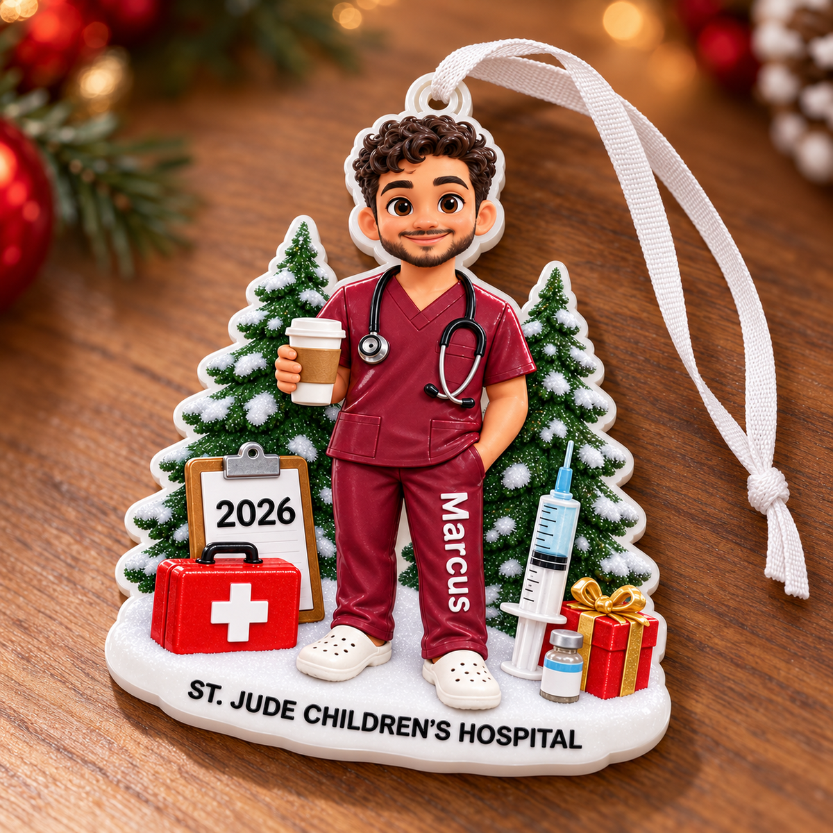 Male Nurse in Maroon Scrubs Healthcare Worker Christmas Tree - 3D Relief Ornament