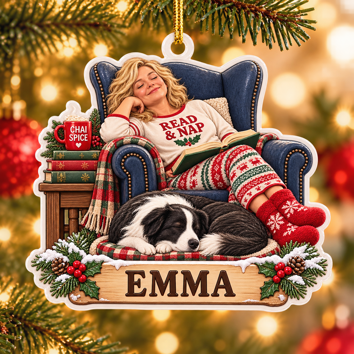 Cozy Woman Reading in Armchair with Sleeping Dog Acrylic Hanging Holiday Plaque - 3D Relief Ornament