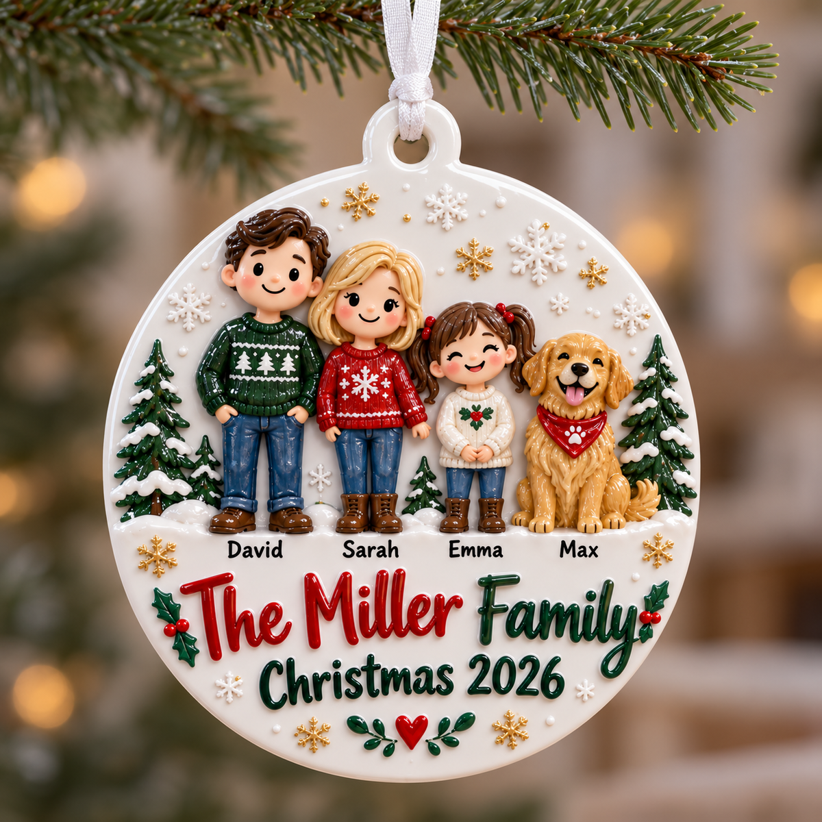 Family of Three with Dog Ceramic Round Holiday Keepsake - 3D Relief Ornament