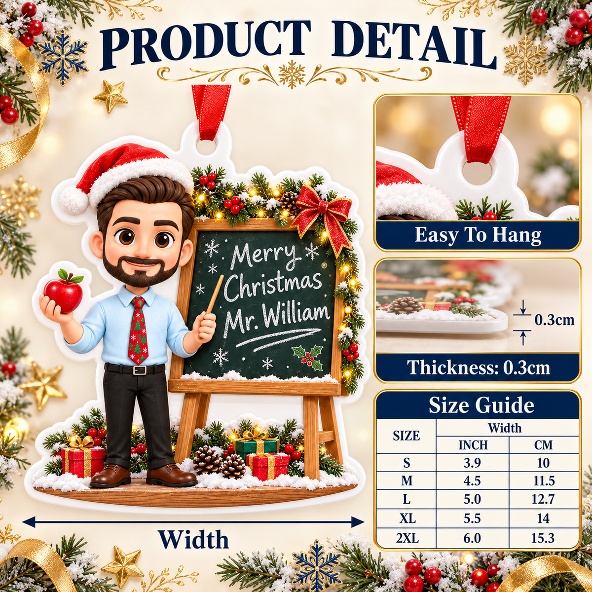 Male Teacher Chalkboard Holiday Acrylic Hanging Decoration - 3D Relief Ornament