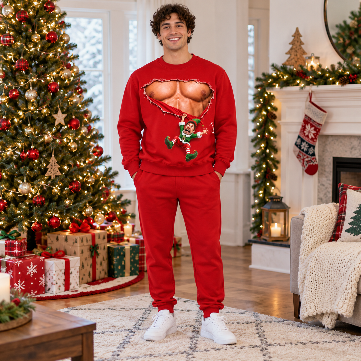 Christmas Sweatshirt with Ripped Muscular Chest Falling Elf Graphic