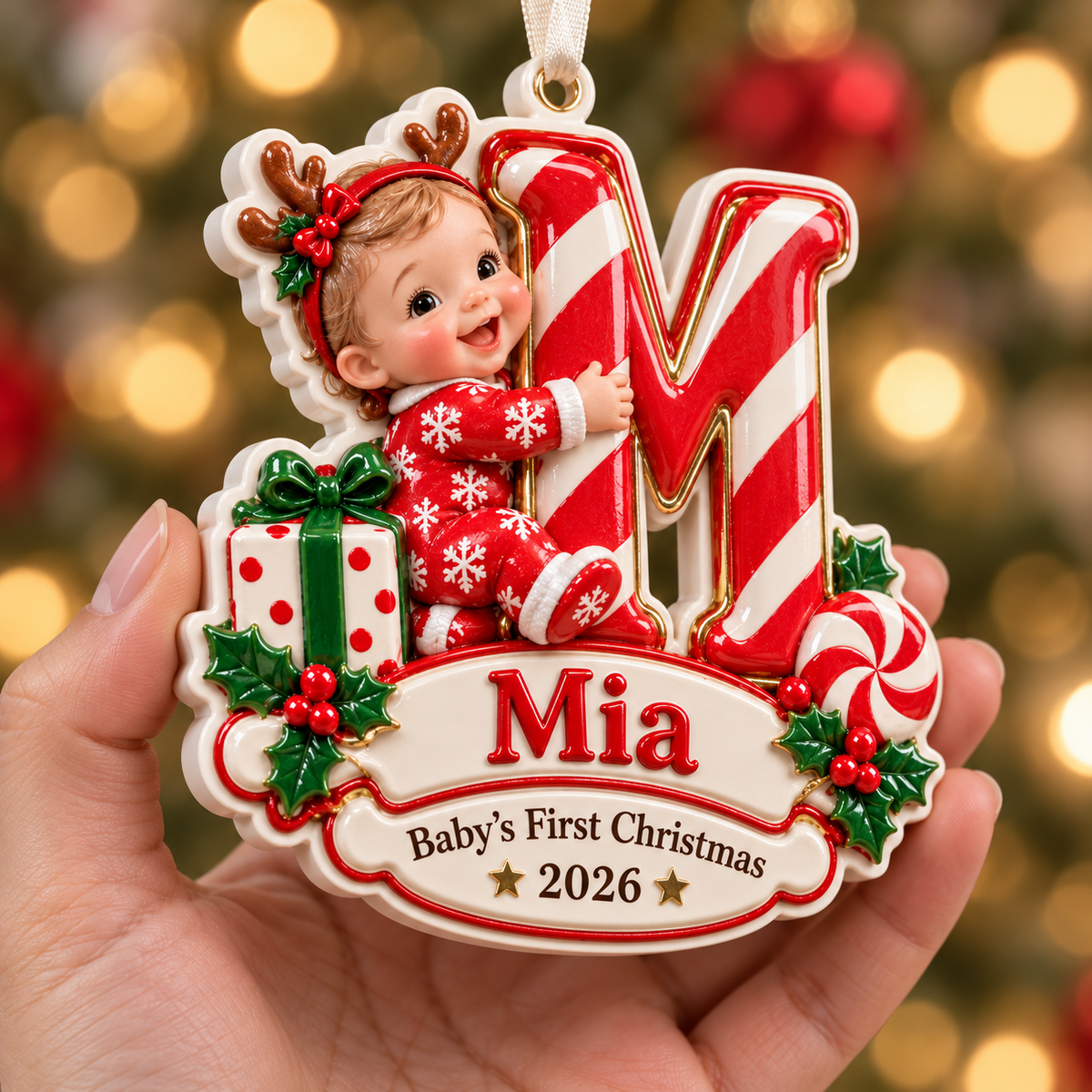 Baby First Christmas Initial Letter M Keepsake with Candy Cane Stripe - 3D Relief Ornament