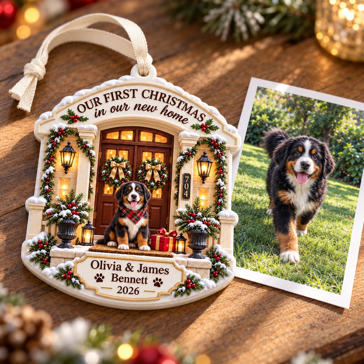 First Christmas New Home Front Porch Bernese Mountain Dog Hanging Keepsake - 3D Relief Ornament