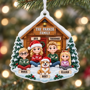 Family and Pet Dog Winter Log Cabin Christmas Tree Hanging Keepsake - 3D Relief Ornament