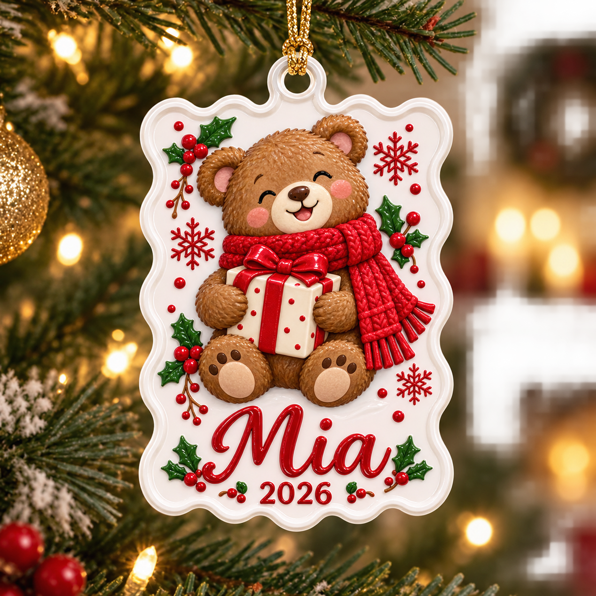 Christmas Teddy Bear with Gift Box Scalloped Holiday Keepsake - 3D Relief Ornament