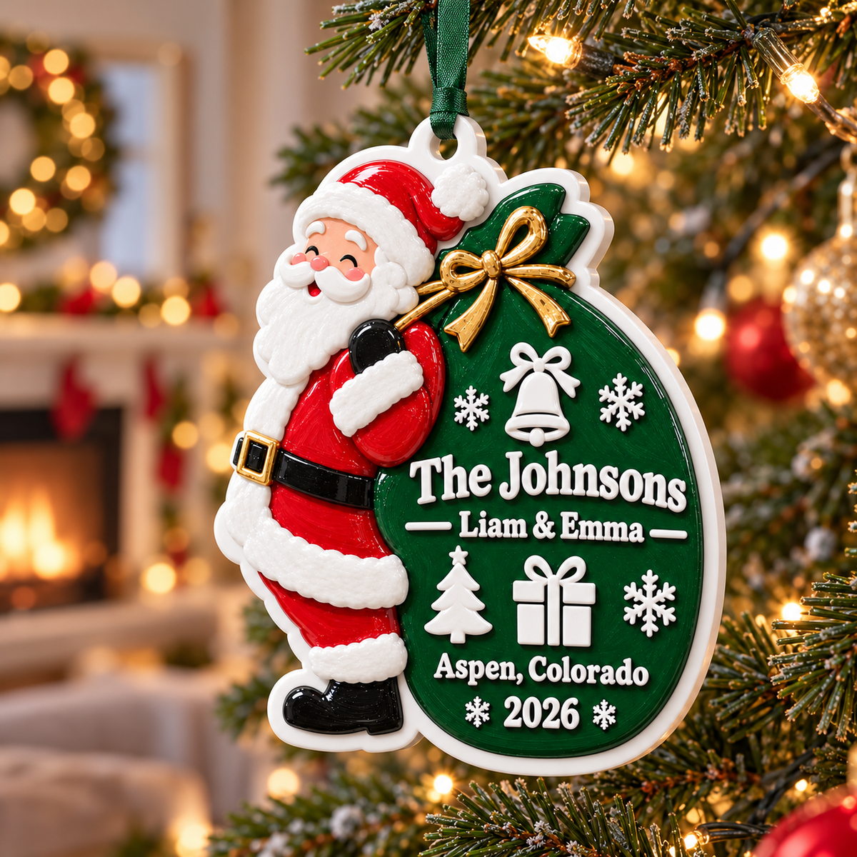 Santa Claus Carrying Green Toy Sack Christmas Tree Holiday Hanging Keepsake - 3D Relief Ornament