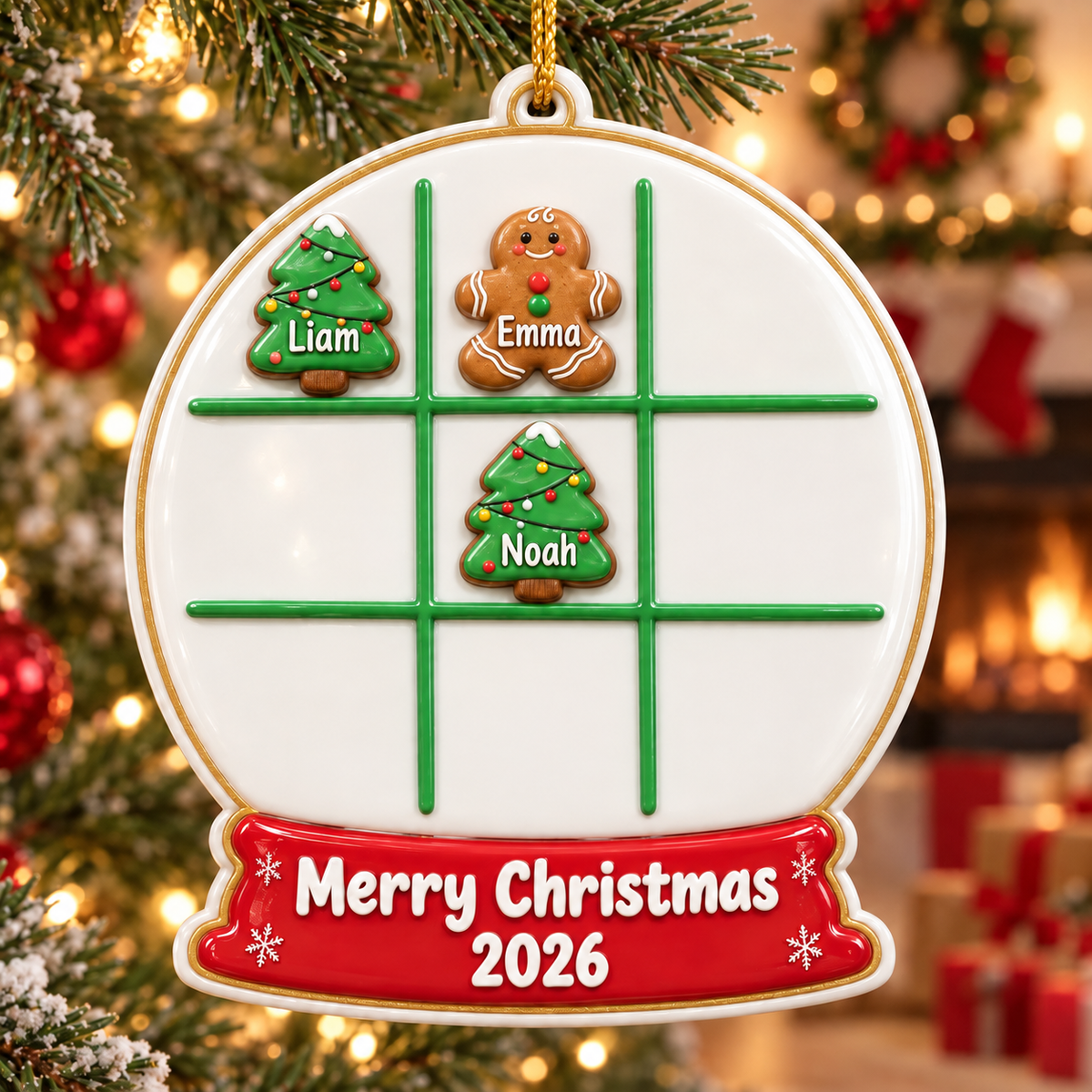 Christmas Tree and Gingerbread Man Tic Tac Toe Snow Globe Hanging Decor - 3D Relief Ornament