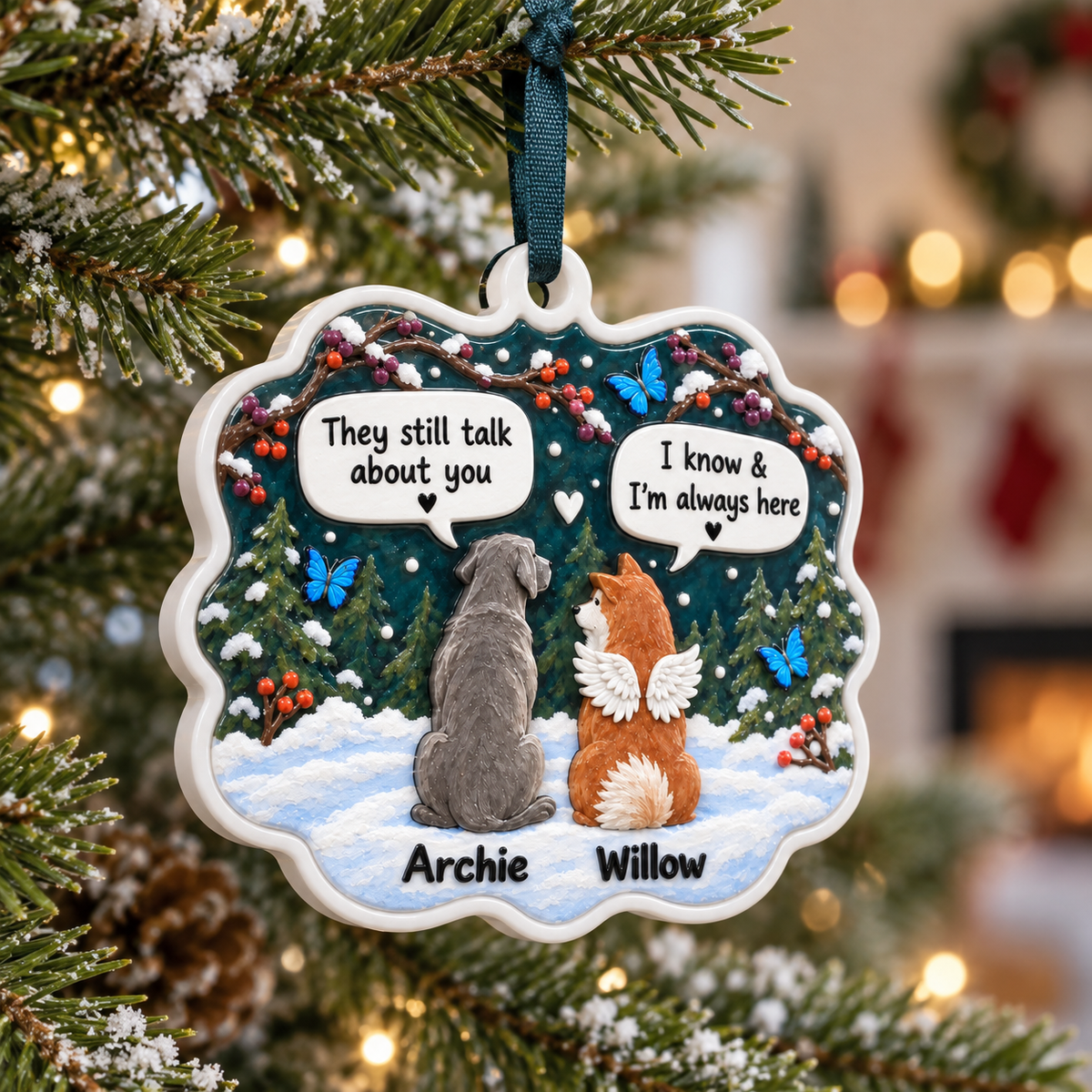 Dog Memorial Hanging Plaque with Angel Wings and Winter Forest - 3D Relief Ornament