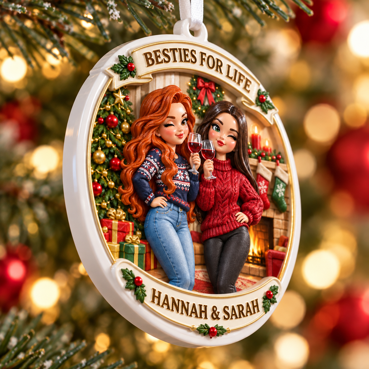 Best Friends Wine By Fireplace Christmas Holiday Medallion - 3D Relief Ornament