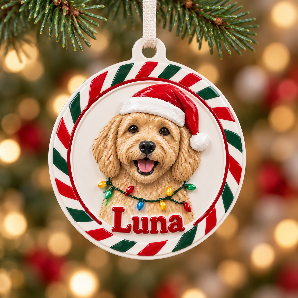 Christmas Goldendoodle Dog Holiday Medallion with Ribbon - 3D Relief Ornament