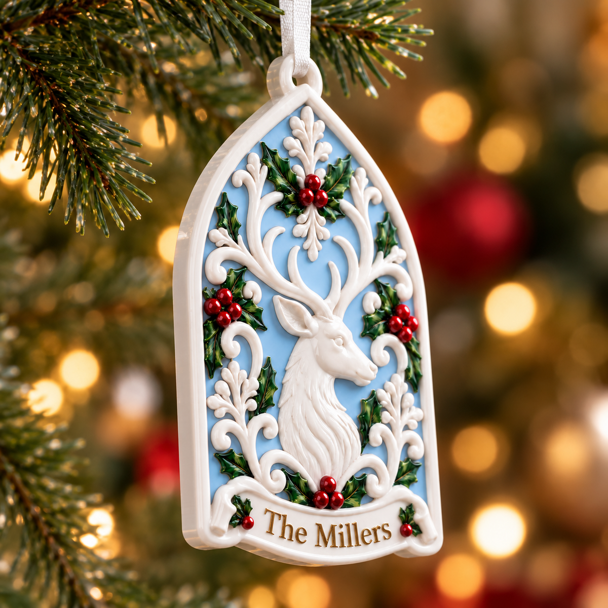 White Stag Deer Arch Acrylic Plaque with Holly Berry Flourish - 3D Relief Ornament
