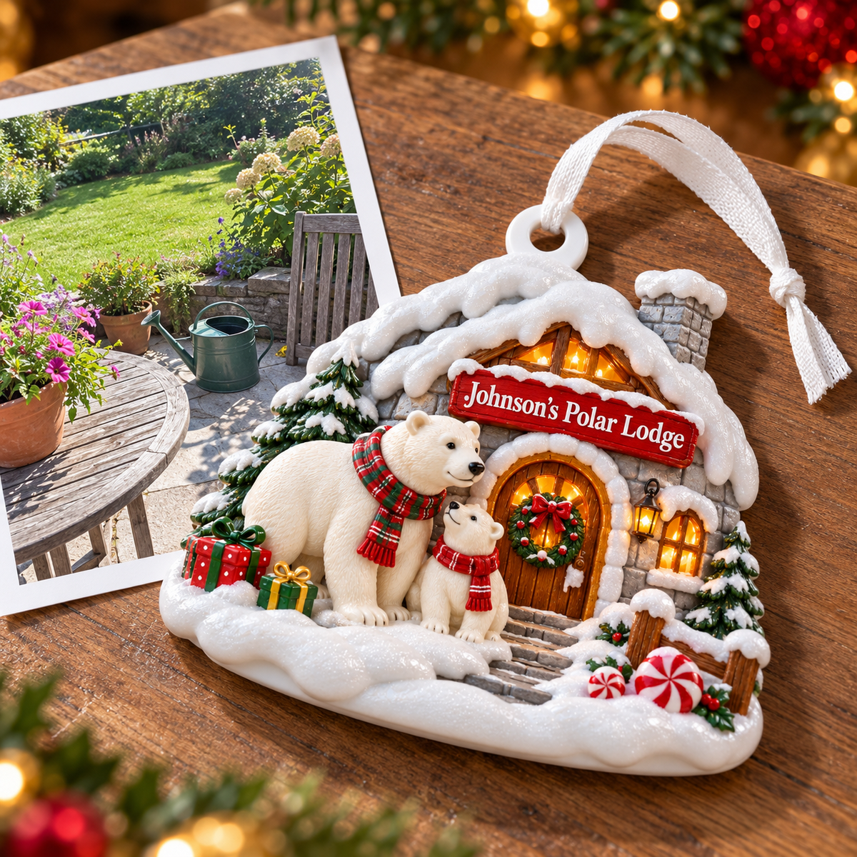 Snowy Cabin Polar Bear Family Christmas Tree Decor - 3D Relief Ornament