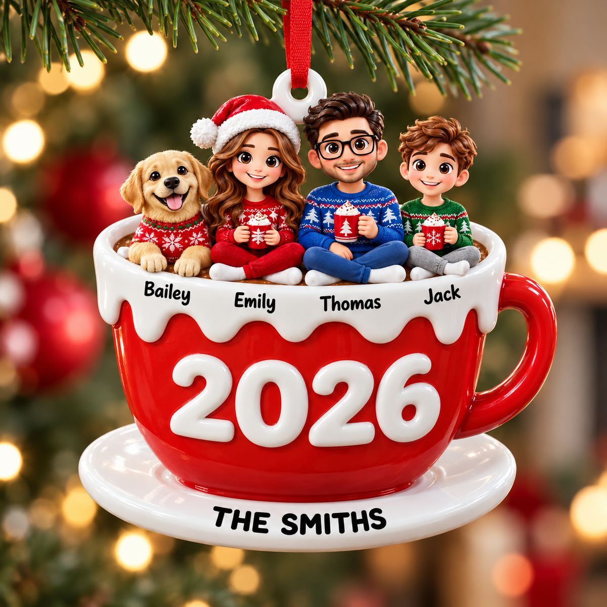 Family of Three with Dog in Hot Cocoa Mug Holiday Keepsake - 3D Relief Ornament