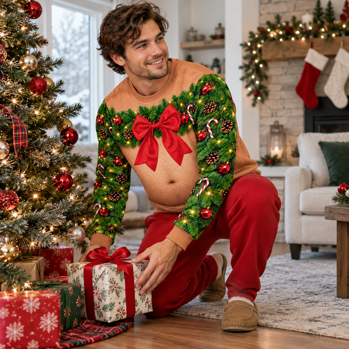 Christmas Sweatshirt Funny Bare Torso Garland Bow Holiday Pullover