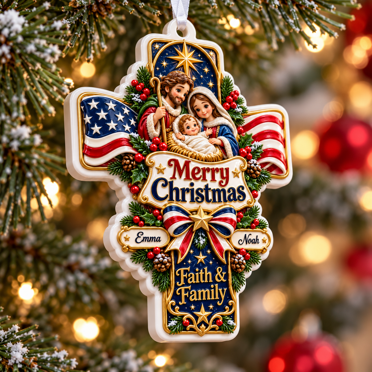 Nativity Scene American Flag Cross Faith and Family Holiday Tree Hanging Decor - 3D Relief Ornament