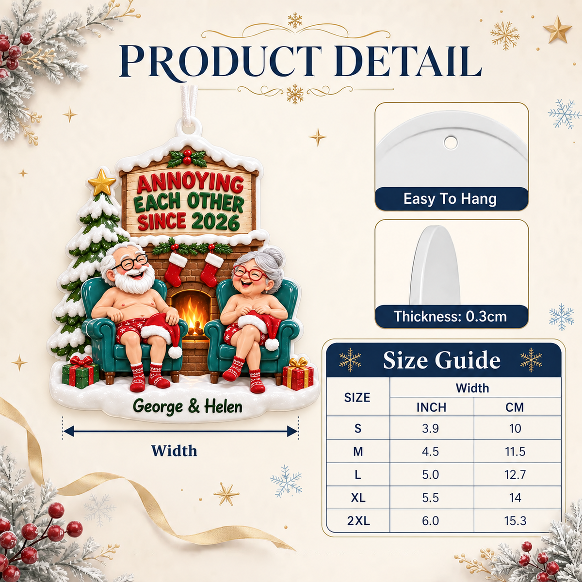 Christmas Couple Fireplace Holiday Tree Hanging Keepsake Decor - 3D Relief Ornament