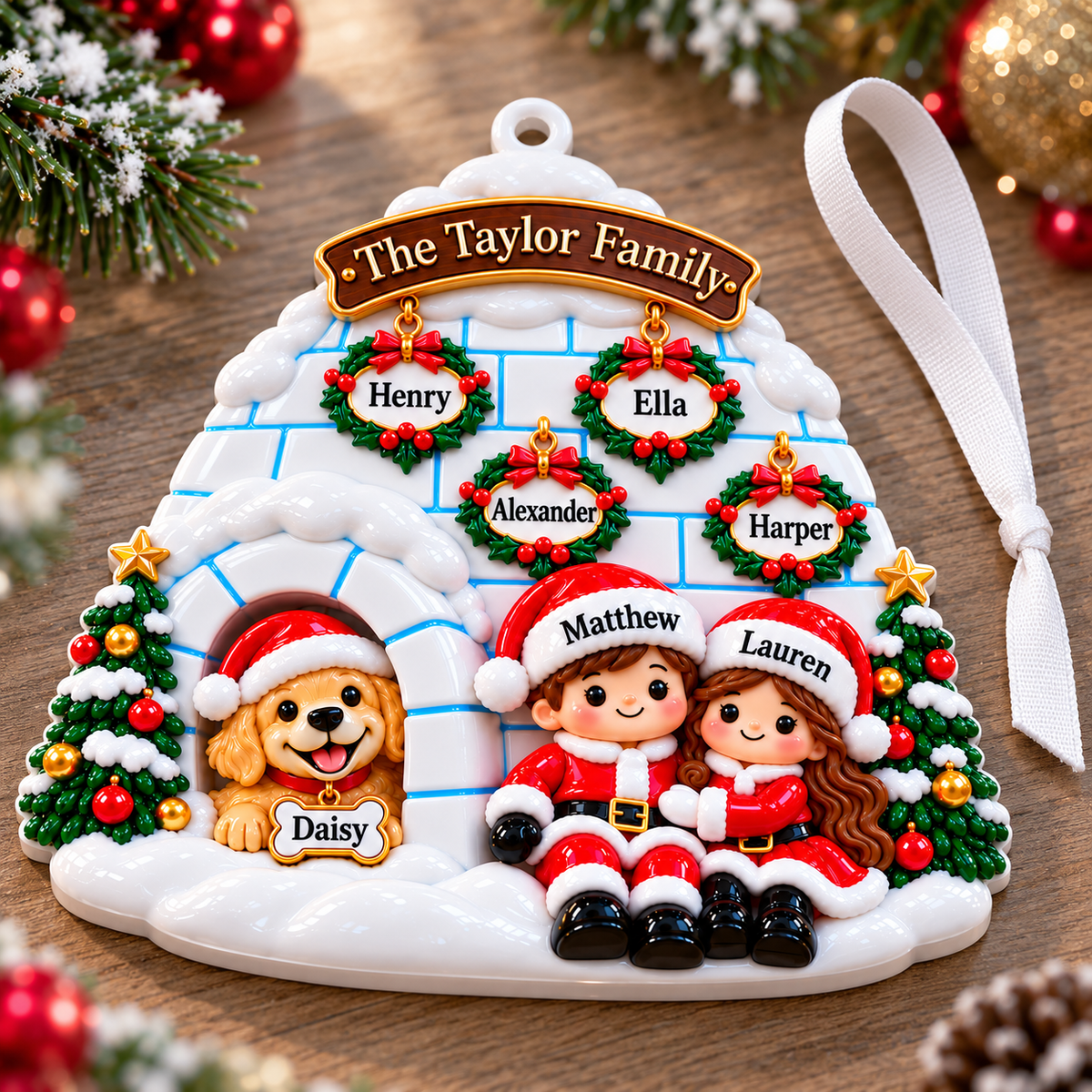 Winter Igloo Family of 6 with Dog Hanging Holiday Keepsake - 3D Relief Ornament