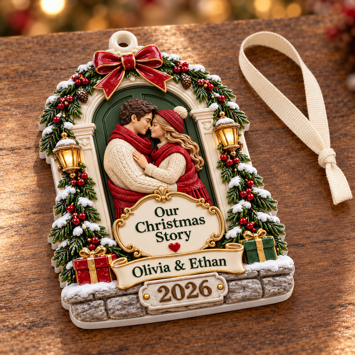 Winter Couple Holiday Doorway Plaque with Ribbon - 3D Relief Ornament