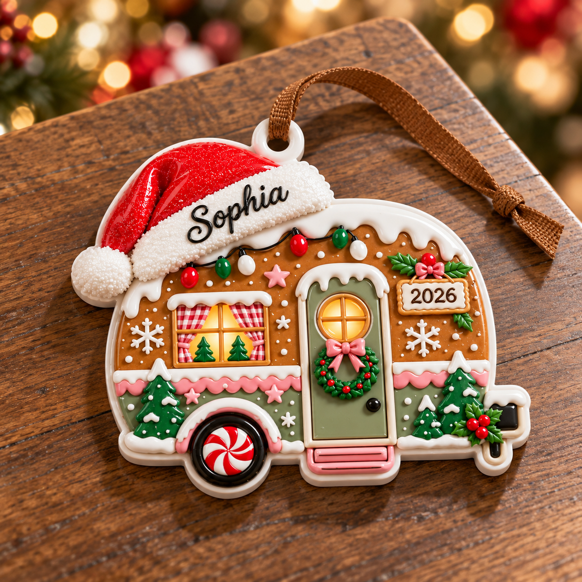 Gingerbread Camper Holiday Decoration with Santa Hat - 3D Relief Ornament