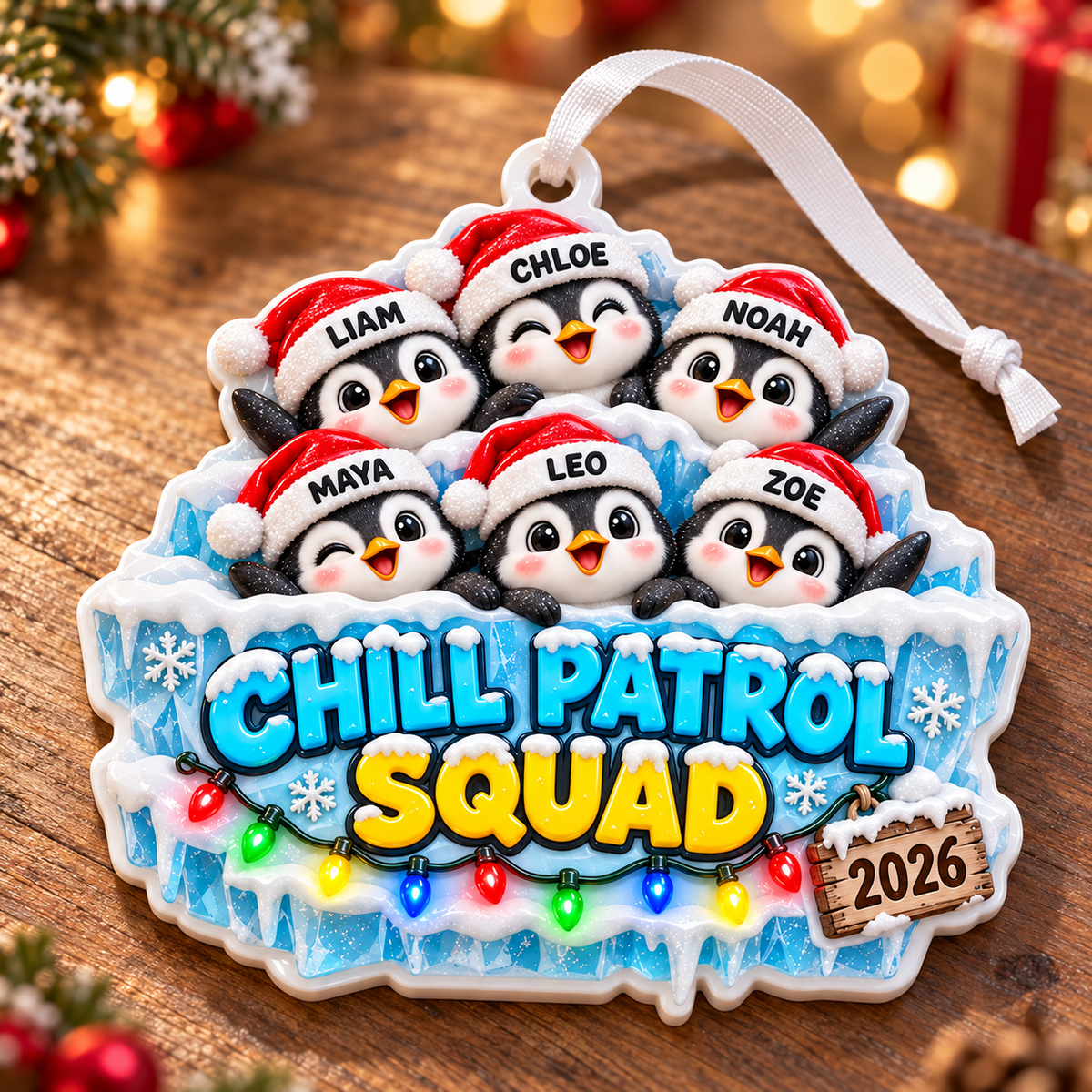 Winter Penguin Family Chill Patrol Squad Hanging Acrylic Holiday Decor - 3D Relief Ornament