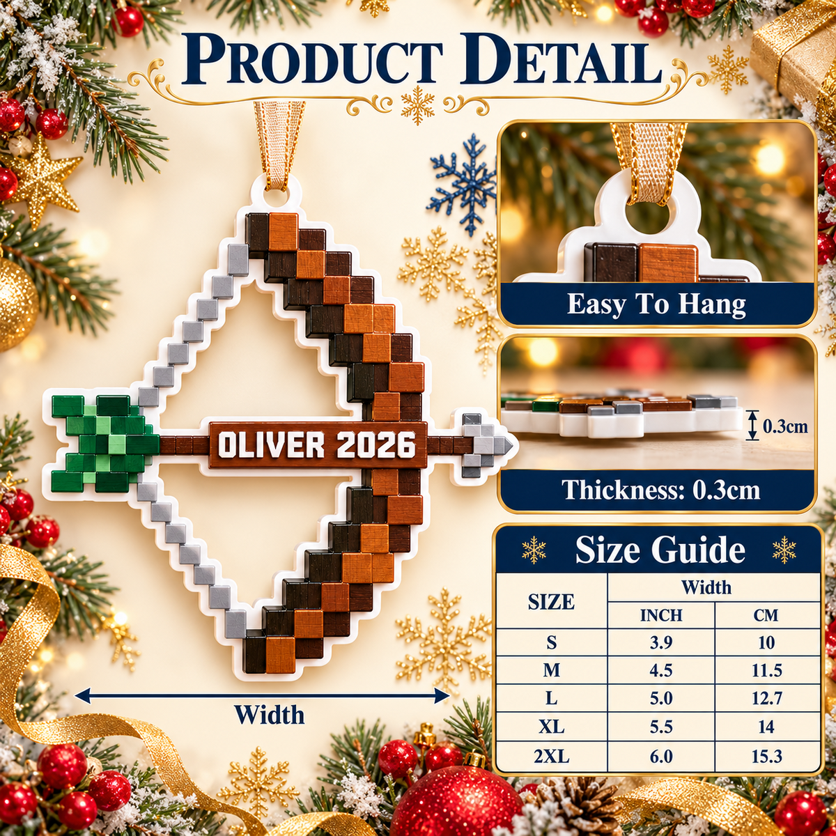 Pixel Art Bow and Arrow Holiday Tree Hanging Decor - 3D Relief Ornament