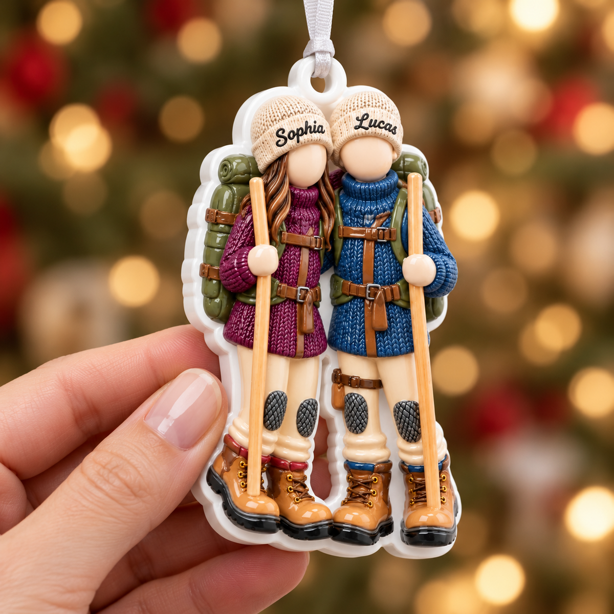 Hiking Couple with Backpacks and Trekking Poles Acrylic Hanging Keepsake - 3D Relief Ornament