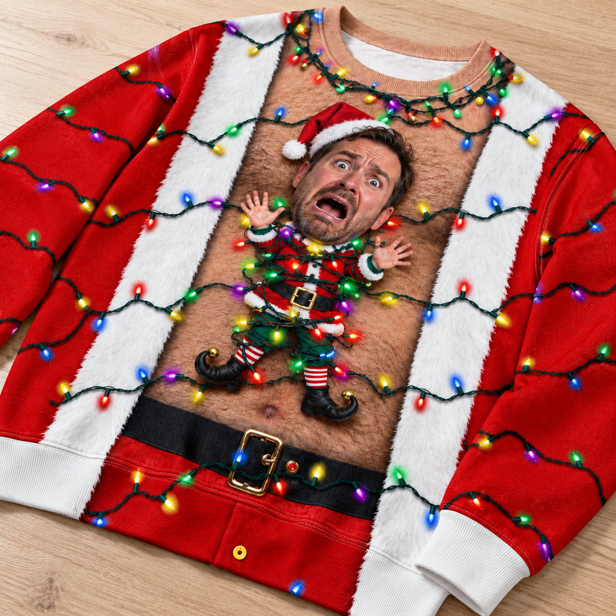 Ugly Christmas Sweatshirt with Hairy Chest and Holiday Elf Graphic