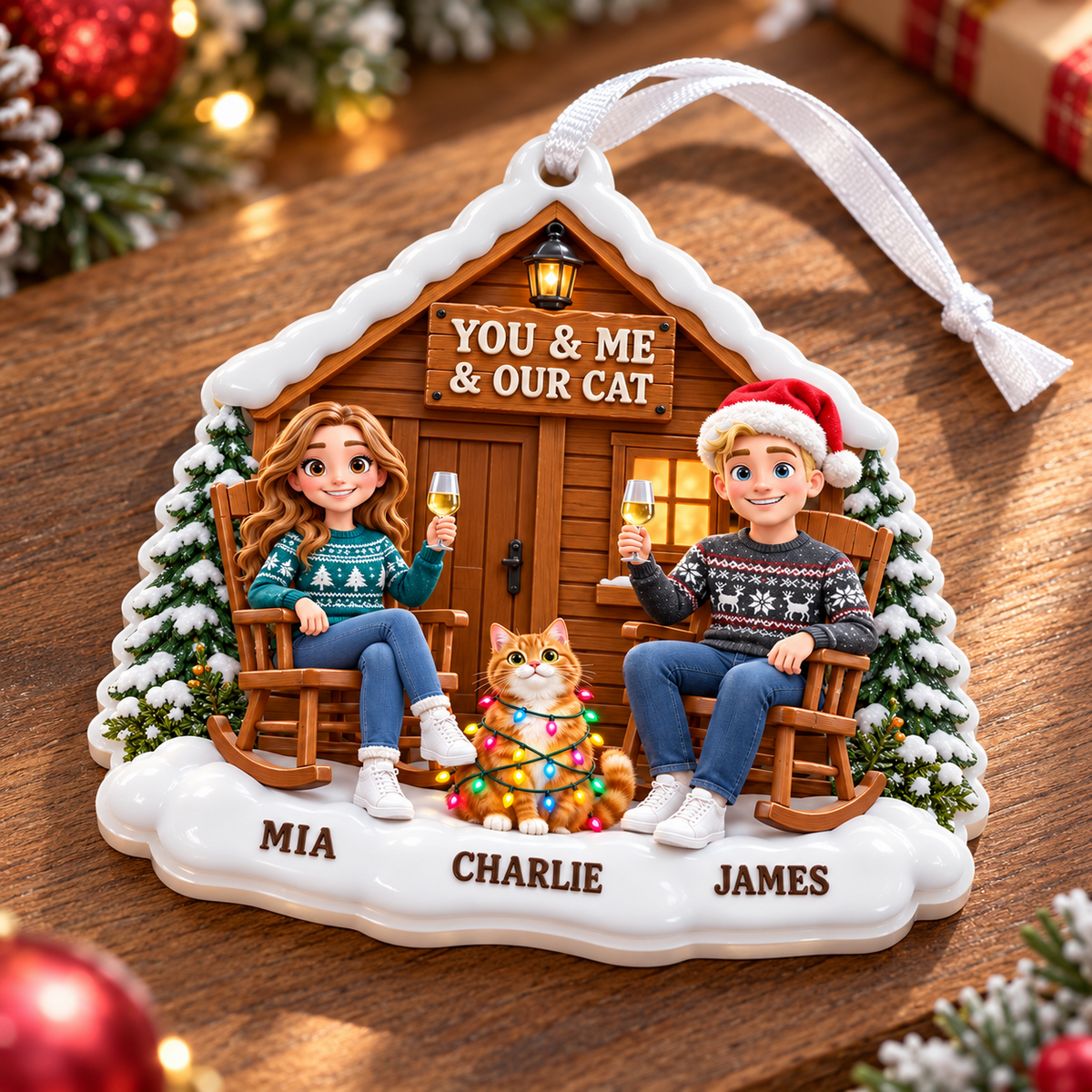 Couple and Cat Winter Log Cabin Porch Holiday Tree Hanging Keepsake - 3D Relief Ornament