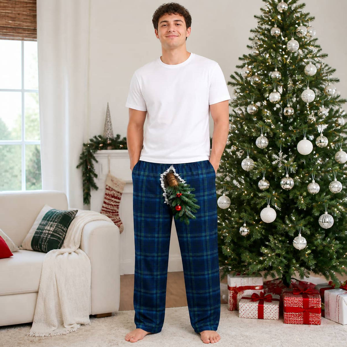 Mens Christmas Pajama Pants Red Plaid 3D Reindeer Nose Holiday Bottoms