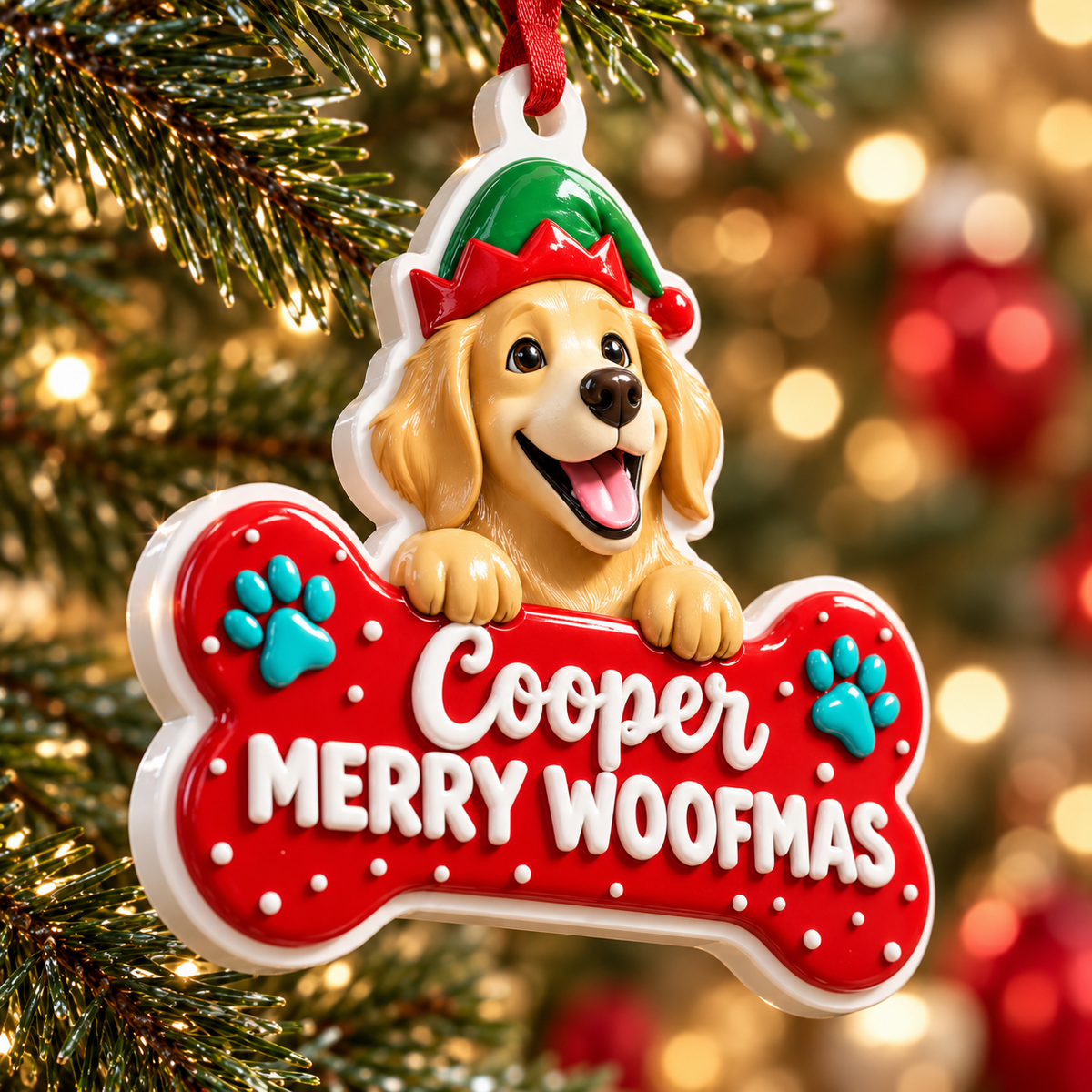 Golden Retriever Puppy Wearing Elf Hat Dog Bone Holiday Tree Decor - 3D Relief Ornament