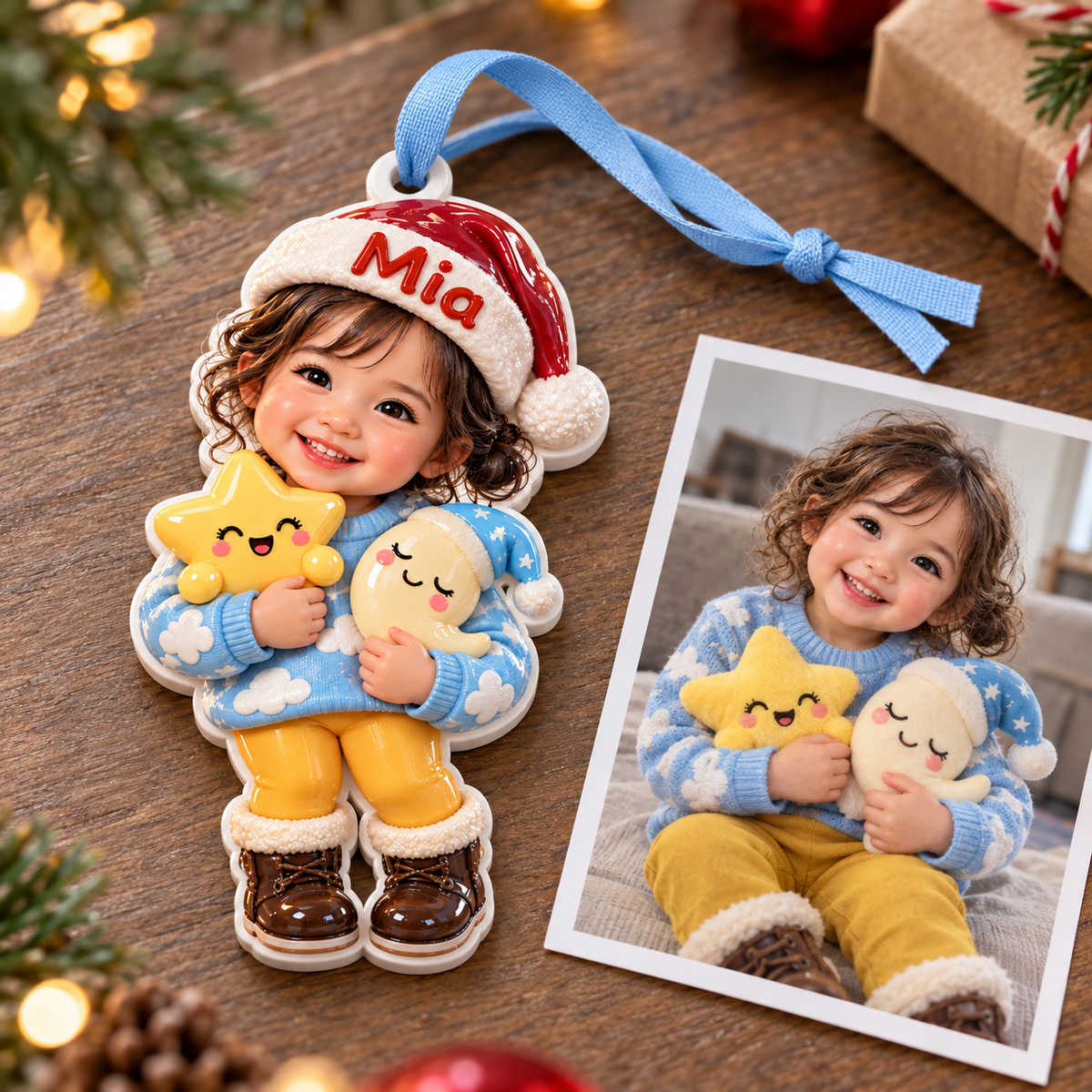 Baby Girl in Santa Hat with Star and Moon Acrylic Holiday Keepsake - 3D Relief Ornament
