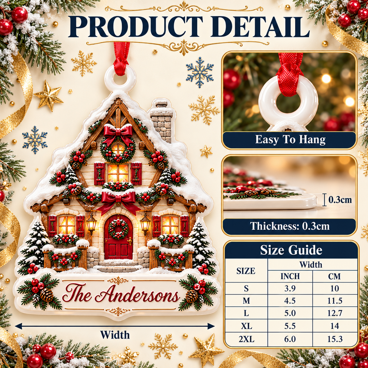 Winter Cottage House Plaque Holiday Tree Hanging Accent - 3D Relief Ornament