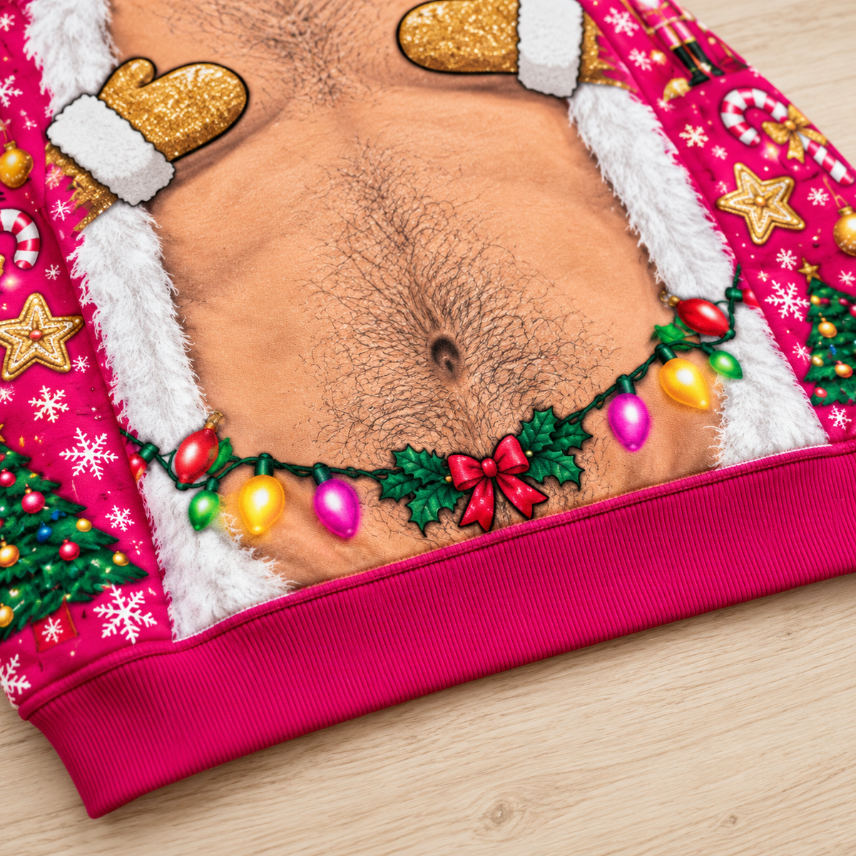 Funny Christmas Sweatshirt Hairy Chest Mitten Lights Ugly Sweater