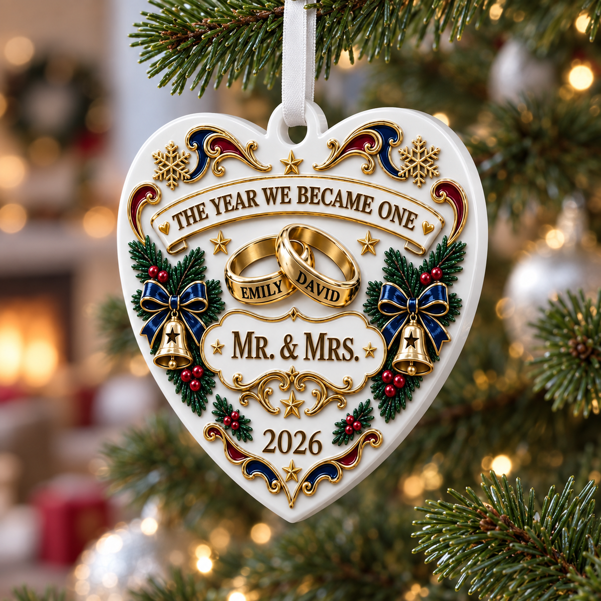 Heart Wedding Keepsake with Rings and Bells for Christmas Tree Decor - 3D Relief Ornament