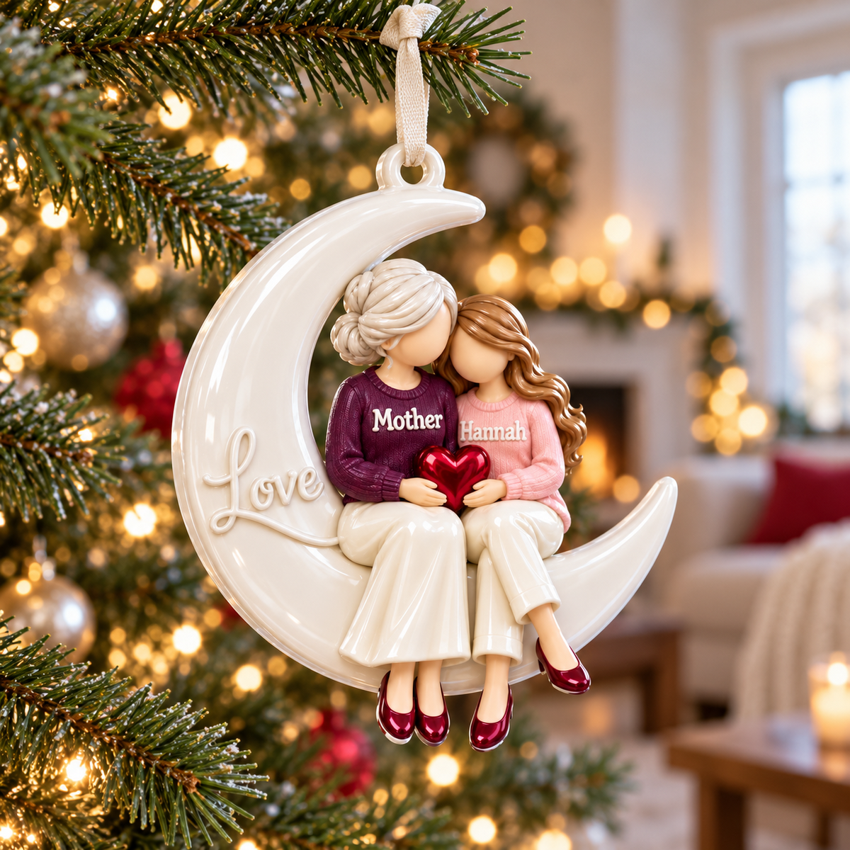 Mother and Daughter Crescent Moon Hanging Figurine - 3D Relief Ornament